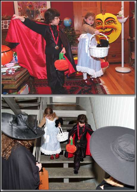 Sydney was a bat and Ava Dorothy of OZ for Halloween -- trick-or-treating in the courtyard.