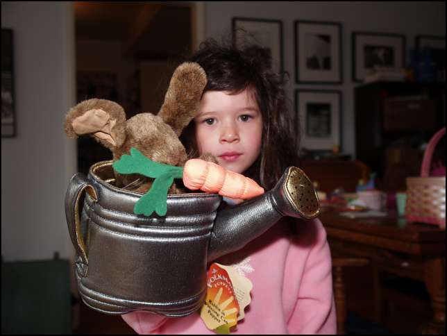 The Easter Bunny brought me a hand puppet -- A bunny in a watering pail!