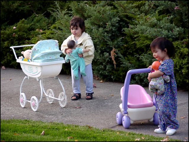 Taking Babby-Doll and Coe out for a stroll.