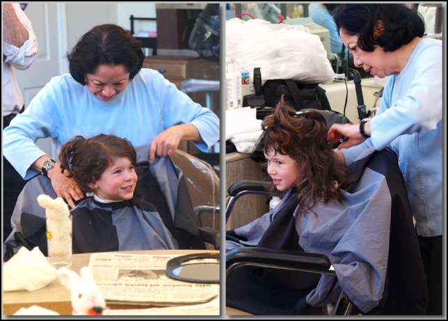 Getting a haircut from Grace.