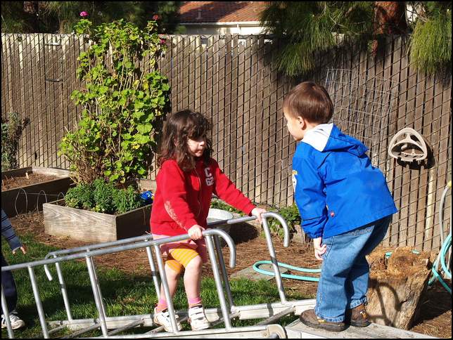 Stand-off on the approach to the monkey bars!
