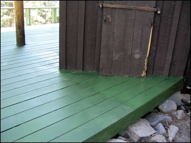 Goes down bright green but tones down when dry (not bear print on door)
