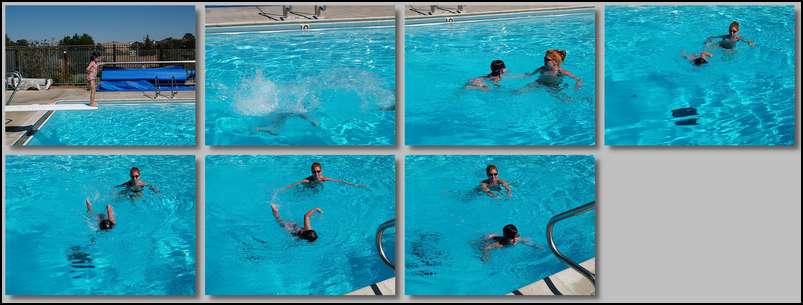 Sydney jumping into ten feet of water and simming to Erin and then the ladder out