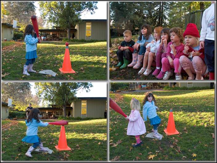 waiting for a turn at bat -- Sydney hits a home run!