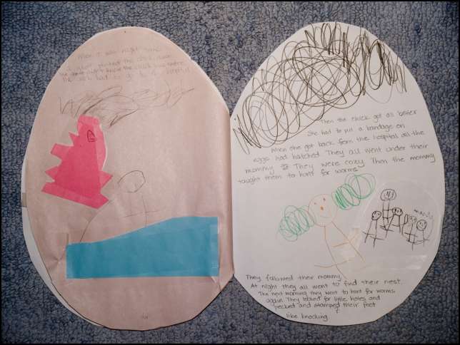 LEFT: When it was night time a ghost pushed the chick down.  The ghost didn't know the chick was there.  The chick had to go to the hospital.  RIGHT: Then the chick got all better.  She had to put a bandage on.  When she got back from the hospital all the eggs had hatched.  They all went under their mommy.  They were cozy.  Then the mommy taught them to hunt for worms.  The followed their mommy.  At night they all went to find their nest.  The next morning they went to hunt for worms again.  The looked for little holes and pecked and stamped their feet, like knocking.