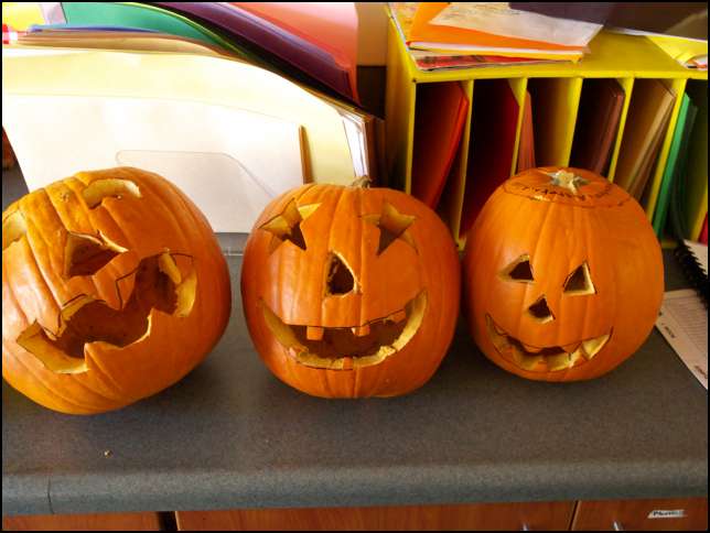 Sydney's team carved the middle pumpkin in class
