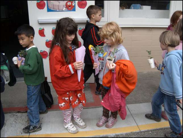 Back at school with our treasures -- flowers and potted plant