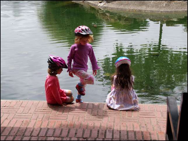 Checking out the large carp in the duck pond