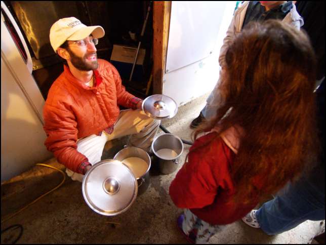 The whiter milk is store bought and the darker milk is direct from the cow